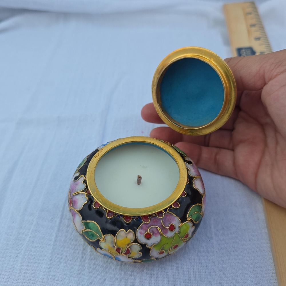 Cloisonne Floral Jar Candle Small Lidded Metal Enamel Multicolor Decor Accent - Picture 8 of 9